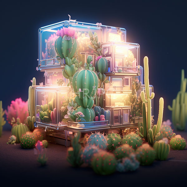 High Resolution: Futuristic glowing glass structure filled vibrant colorful cacti illuminated soft warm light features multiple transparent levels cacti varying download. | HRJPG.com