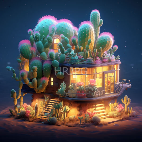High Resolution: Whimsical glowing desert house covered vibrant pink-lit cacti house round two-story structure illuminated windows a balcony and stairs download. | HRJPG.com