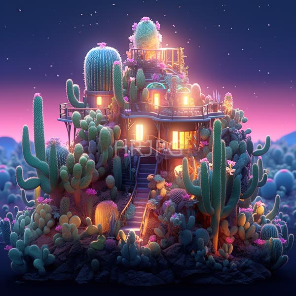 High Resolution: Whimsical multi-story house surrounded vibrant glowing cacti under starry twilight sky house illuminated warm yellow lights features balconies download. | HRJPG.com