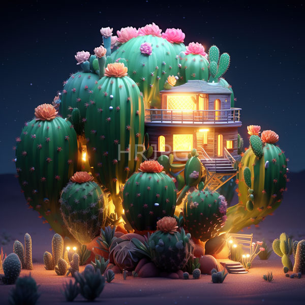 High Resolution: Whimsical desert-themed house nestled among large colorful cacti blooming flowers house illuminated warmly from within has balcony and surrounded download. | HRJPG.com