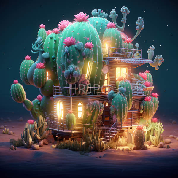 High Resolution: Whimsical glowing two-story house nestled oversized colorful cacti adorned pink flowers house warm yellow lights features wooden textures download. | HRJPG.com
