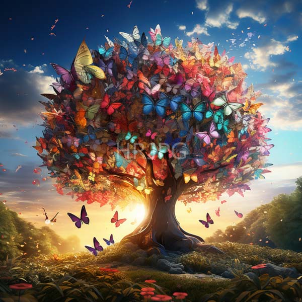 High Resolution: Vibrant fantastical tree adorned multicolored butterflies blending sunset sky tree's trunk sturdy dense canopy butterflies shades blue purple download. | HRJPG.com