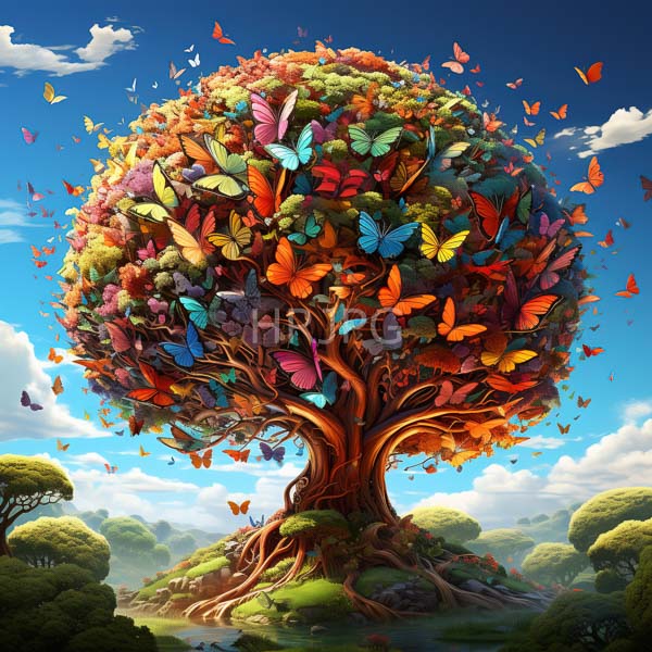 High Resolution: Vibrant fantastical tree thick twisted trunk covered colorful butterflies various sizes and hues including orange blue purple and green download. | HRJPG.com