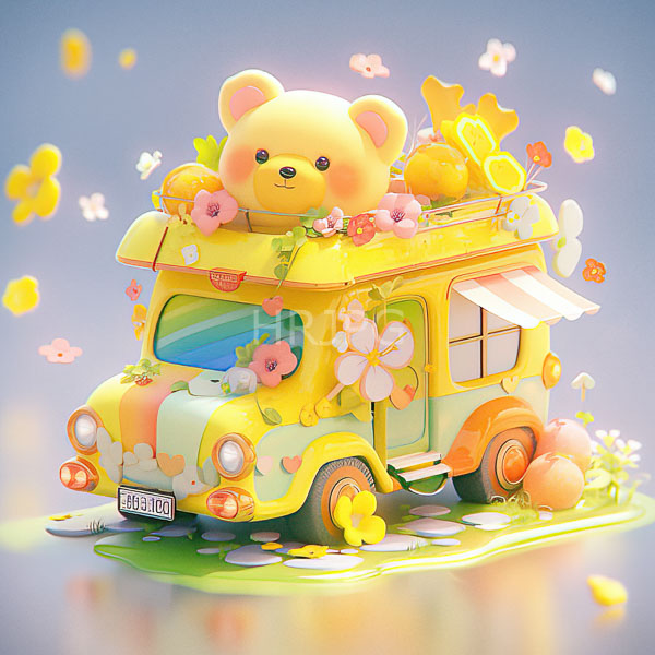 High Resolution: Whimsical pastel-colored van adorned flowers large cute yellow bear top van license plate reading "HAPPYTOY" features bright yellow and download. | HRJPG.com