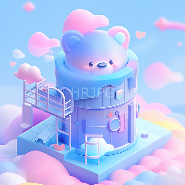 High Resolution: Whimsical pastel-colored tower bear's head emerging top tower blue pink and purple accents featuring small balcony window and download. | HRJPG.com