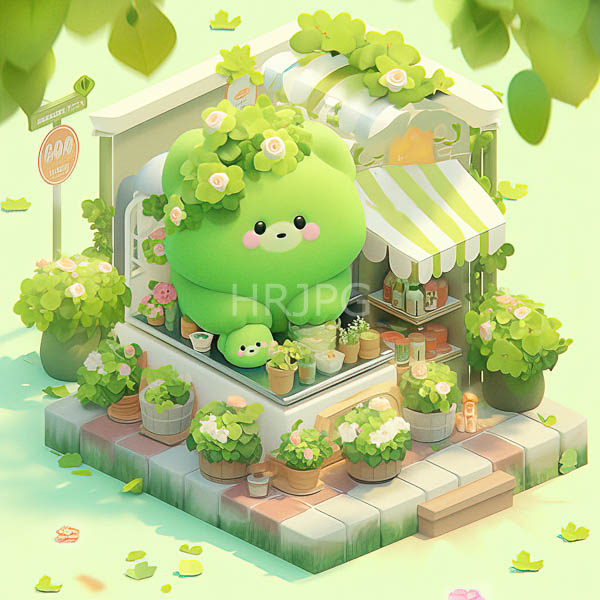 High Resolution: Whimsical pastel-colored flower shop large cute green round flower-pot-like creature smiling face pink cheeks shop has striped awning download. | HRJPG.com