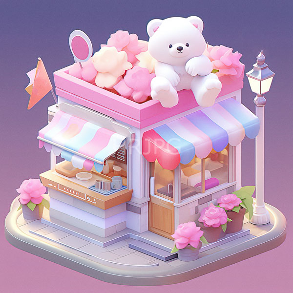 High Resolution: Pastel-colored whimsical ice cream shop White fluffy bear sits atop pink flower-filled box roof shop features striped awnings pink download. | HRJPG.com
