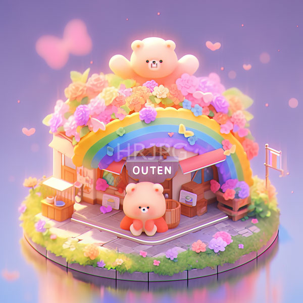High Resolution: Whimsical pastel-colored bear-themed cafe named "OUTEN" large cute pink bear small smile sits entrance smaller pink bear sits atop download. | HRJPG.com