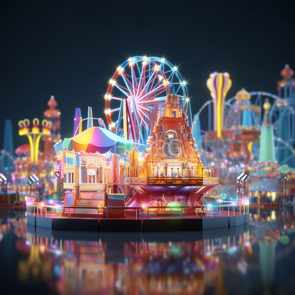High Resolution: Vibrant illuminated amusement park night Central focus colorful ornate building clock surrounded rainbow-striped tent large glowing Ferris wheel download. | HRJPG.com