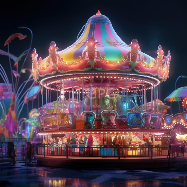 High Resolution: Brightly lit colorful carousel night carousel features multi-tiered dome-shaped canopy vibrant pink green and yellow stripes Illuminated glowing lights download. | HRJPG.com