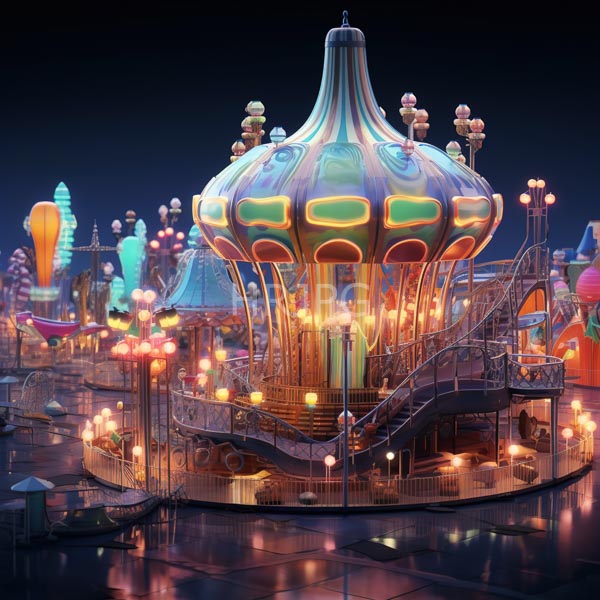 High Resolution: Vibrant futuristic amusement park ride night central structure large bulbous glass-like dome colorful neon-lit panels green yellow and orange download. | HRJPG.com