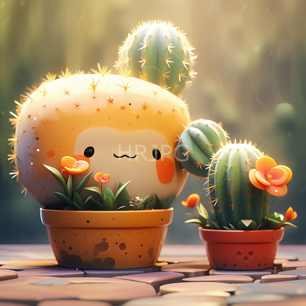 High Resolution: Two adorable cacti cute smiling faces larger cactus has round orange and white face small orange blush marks yellow pot download. | HRJPG.com
