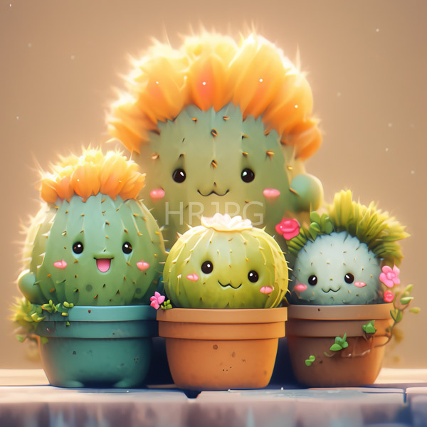 High Resolution: Five adorable fluffy cacti orange spines each different colored pot They have cute round faces black eyes pink cheeks download. | HRJPG.com