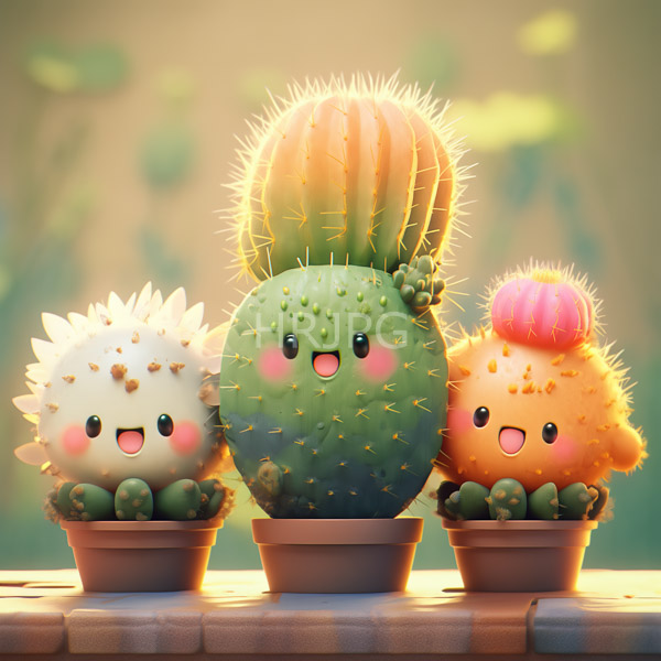 High Resolution: Three adorable fluffy cacti cute round faces pink cheeks each small terracotta pot central cactus tall and green spines flanked download. | HRJPG.com