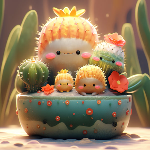 High Resolution: Adorable chibi-style cacti cute blushing faces sitting turquoise patterned pot cactis include large round spiky one yellow flower download. | HRJPG.com