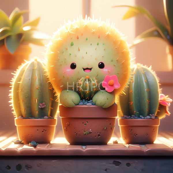 High Resolution: Adorable fluffy round cactus pink flower its side sitting terracotta pot It has small round black eyes cute open mouth download. | HRJPG.com