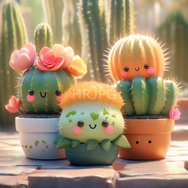 High Resolution: Three adorable cartoon-style cacti cute blushing faces rosy cheeks left cactus has pink flowers middle one has orange spines download. | HRJPG.com