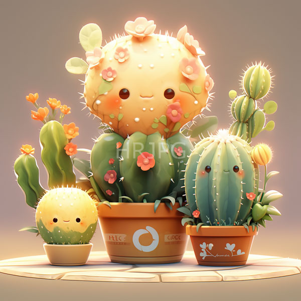 High Resolution: Four adorable cartoon-style cacti cute smiling faces central cactus large round orange pink flowers surrounded smaller green cactuses download. | HRJPG.com