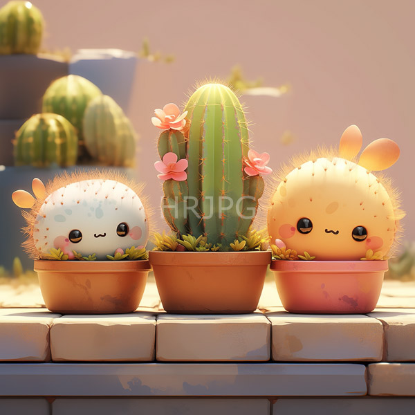 High Resolution: Three adorable fluffy cactus puffs cute round faces large shiny eyes central cactus puff has pink flowers while left and download. | HRJPG.com