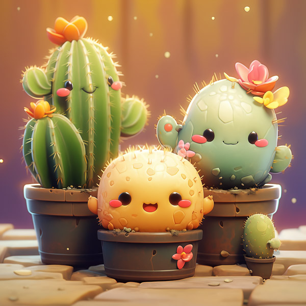 High Resolution: Four adorable cartoon-style cacti cute blushing faces small round bodies dark pots stone surface warm glowing sunset download. | HRJPG.com