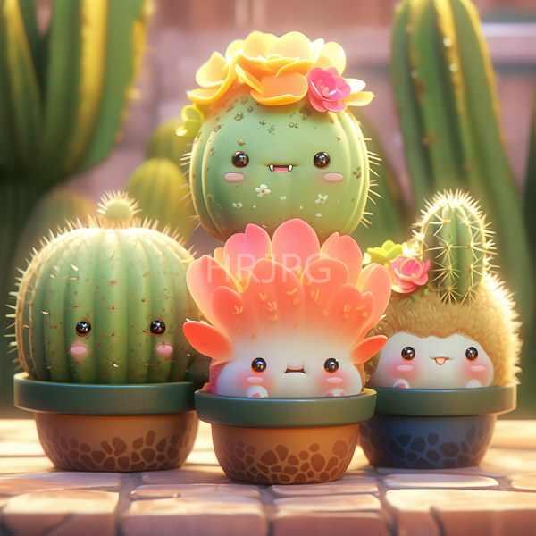High Resolution: Five adorable anthropomorphized cacti cute blushing faces small round eyes green pots textured bottoms arranged row tiled surface download. | HRJPG.com