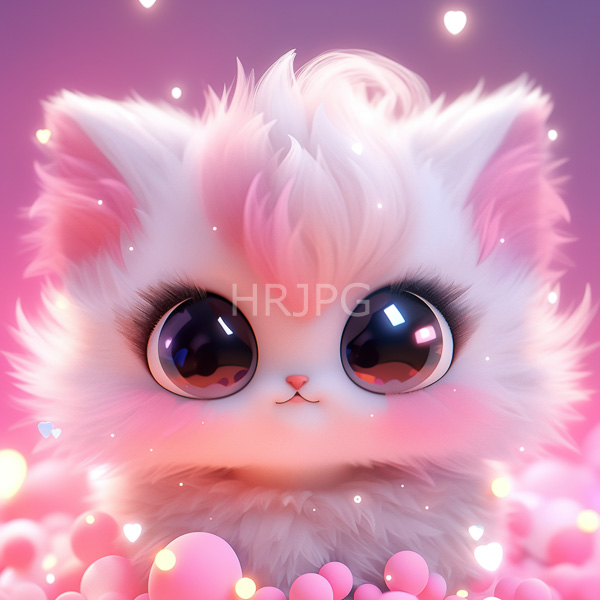 High Resolution: Fluffy white pastel-colored kitten large shiny dark eyes small pink nose kitten's fur soft textured pink highlights its ears download. | HRJPG.com