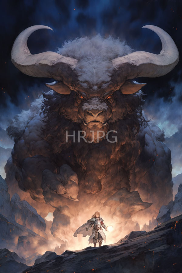 High Resolution: Fantasy small armored figure standing rocky peak gazing up massive menacing minotaur enormous horns glowing red eyes minotaurus looms download. | HRJPG.com
