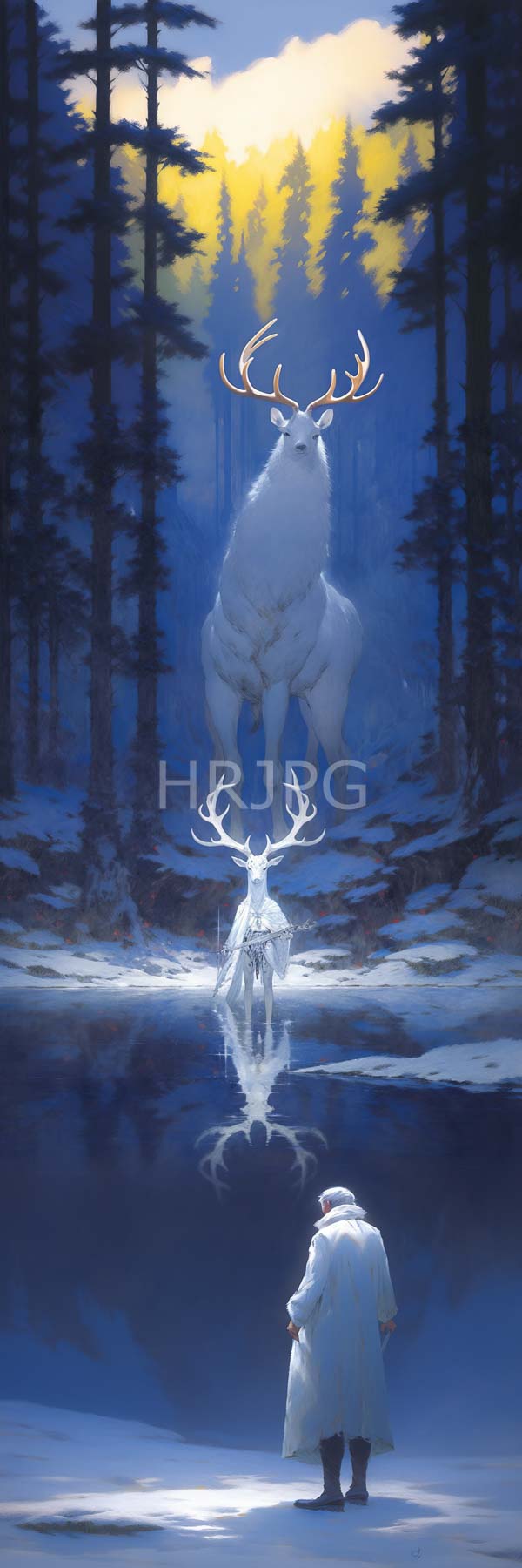 High Resolution: Snowy forest twilight lone figure long white coat and hat stands bottom facing reflective lake Above white stag large antlers download. | HRJPG.com