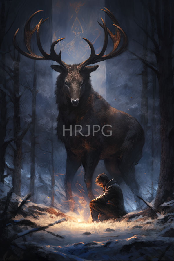 High Resolution: Fantasy dark misty forest large majestic stag enormous antlers stands tall background gazing down hooded figure kneeling small glowing download. | HRJPG.com