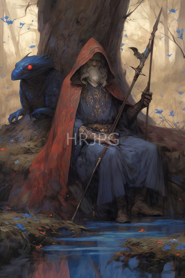 High Resolution: Fantasy elderly bearded wizard white beard wearing blue robe red hooded cloak sitting against large tree He holds long staff download. | HRJPG.com