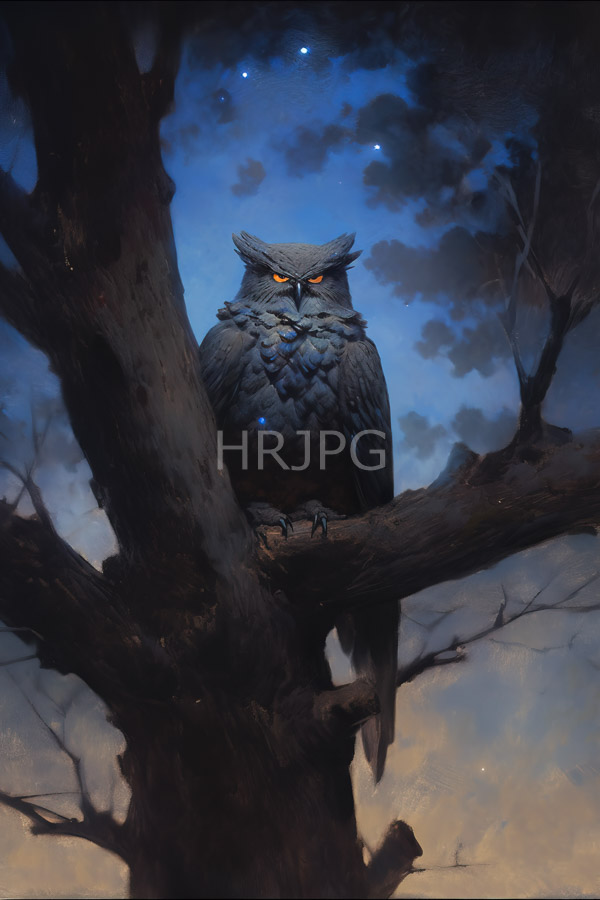 High Resolution: Majestic dark-feathered owl intense orange eyes perched thick gnarled tree branch features twilight sky deep blue and gray clouds download. | HRJPG.com