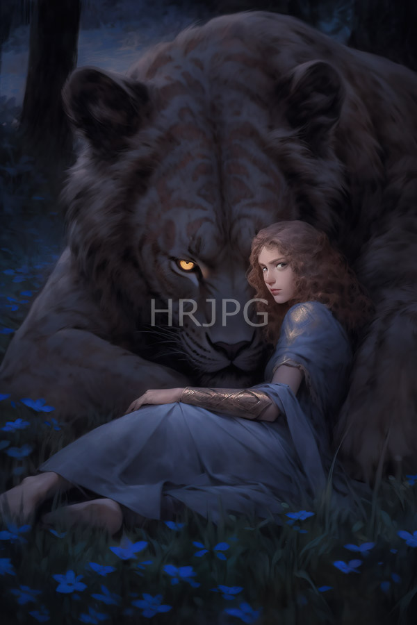 High Resolution: Curly-haired woman fair skin blue dress sitting beside large sleeping tiger glowing orange eyes moonlit forest Blue flowers surround them download. | HRJPG.com