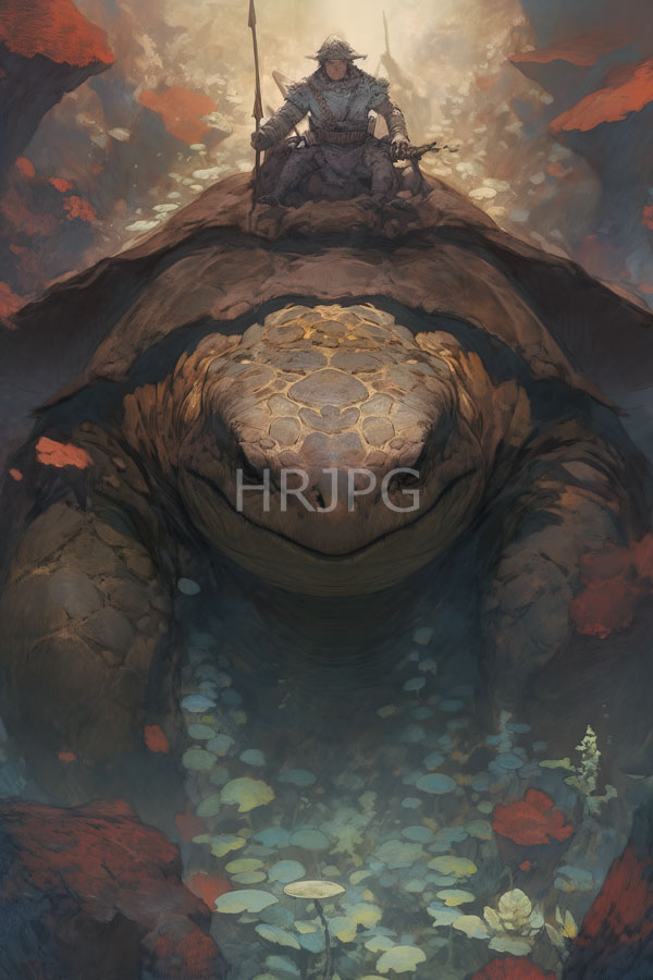 High Resolution: Fantasy armored warrior sword sitting atop massive detailed turtle textured scaly skin turtle's face centered calm expression Surrounding them download. | HRJPG.com