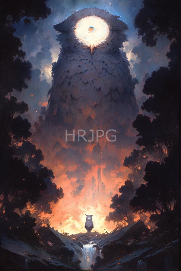 High Resolution: Towering glowing owl radiant circular light its center surrounded dark silhouetted trees bottom small shadowy figure stands narrow illuminated download. | HRJPG.com