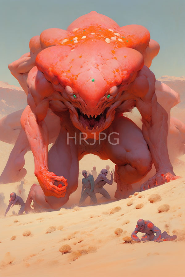 High Resolution: Massive red alien creature green eyes sharp teeth crouching desert Its muscular textured body contrasts sandy rocky landscape download. | HRJPG.com