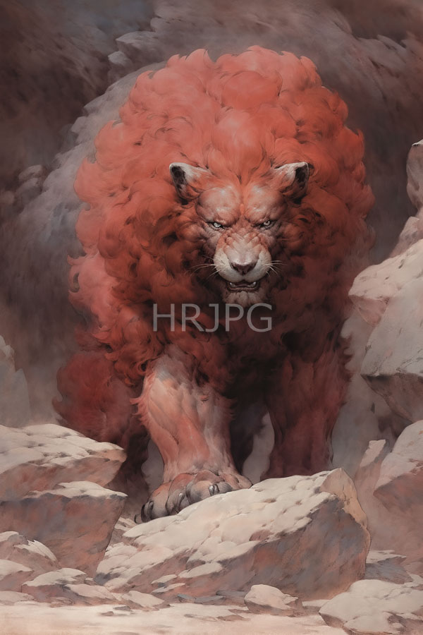 High Resolution: Fierce red-maned lion intense piercing eyes standing rocky terrain lion's fur thick and voluminous mix red and brown hues download. | HRJPG.com