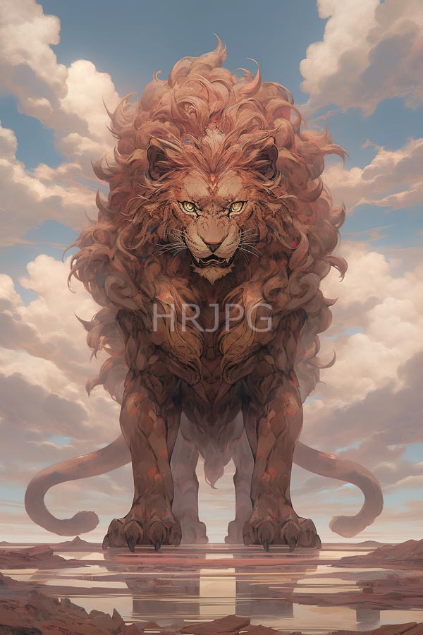 High Resolution: Majestic muscular lion voluminous fiery red mane standing reflective surface lion's intense yellow eyes sharp claws are prominent download. | HRJPG.com
