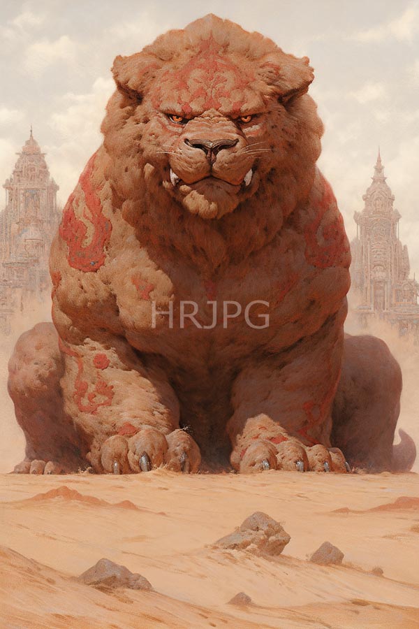 High Resolution: Massive muscular lion red tribal-like markings its fur sitting desert lion has fierce expression sharp claws and prominent fangs download. | HRJPG.com