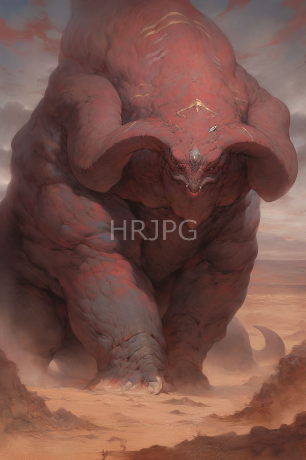 High Resolution: Massive red scaly horned monster muscular build menacing expression standing desert landscape creature's skin textured cracks and scars has download. | HRJPG.com