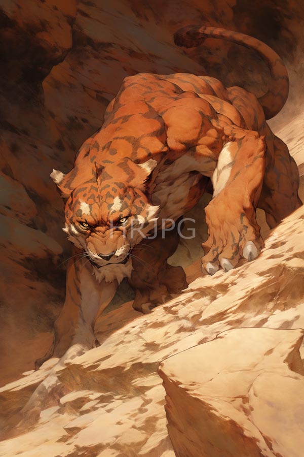High Resolution: Muscular orange-furred anthropomorphic jaguar sharp claws intense yellow eyes climbing rocky beige cliff jaguar's fur dark spots and download. | HRJPG.com