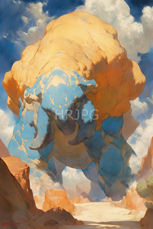 High Resolution: Massive blue-skinned rock-like creature muscular build large horns towering over desert landscape creature's texture resembles cracked stone orange and download. | HRJPG.com