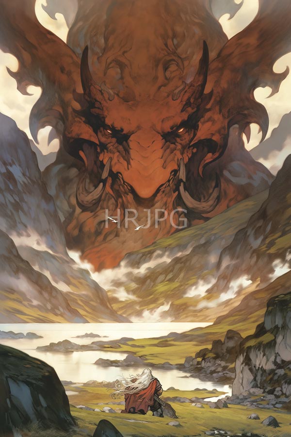 High Resolution: Towering fiery red dragon menacing eyes and horns looming over small cloaked figure standing reflective lake mountainous misty landscape download. | HRJPG.com