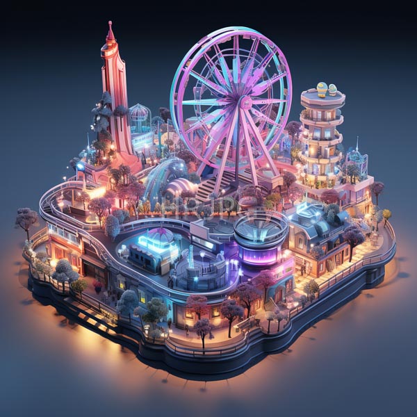 High Resolution: Vibrant futuristic amusement park island night island features large illuminated Ferris wheel pink and purple lights tall neon-lit tower download. | HRJPG.com