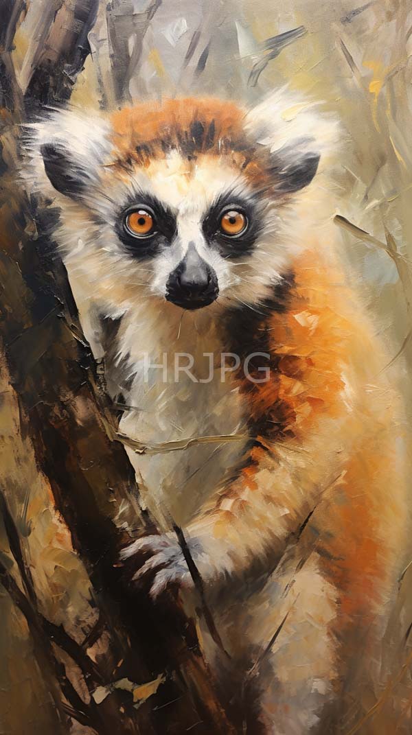 High Resolution: Vibrant ring-tailed lemur striking orange and white fur large amber eyes black face mask clinging textured brown tree trunk download. | HRJPG.com