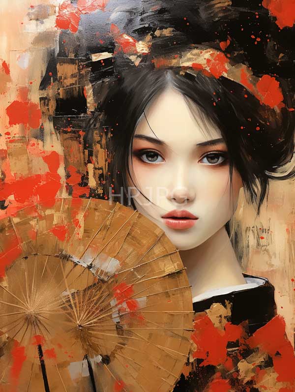 High Resolution: East Asian woman pale skin black hair updo red lipstick She holds brown paper fan front her face partially obscuring download. | HRJPG.com