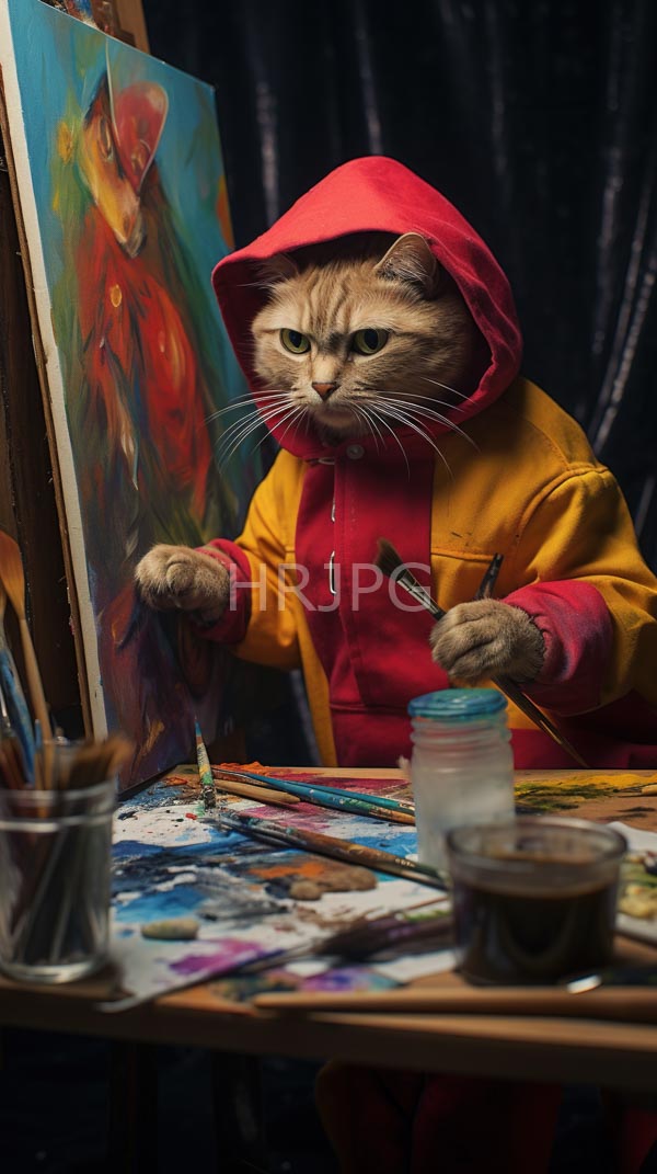 High Resolution: Tabby cat wearing red and yellow hooded jacket painting colorful abstract portrait fox easel cat holds paintbrush its right download. | HRJPG.com