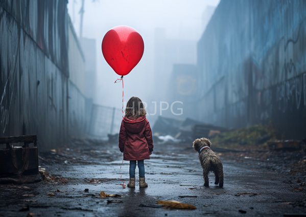 High Resolution: Young girl shoulder-length brown hair wearing red coat blue jeans standing wet deserted alleyway holding red heart-shaped balloon download. | HRJPG.com