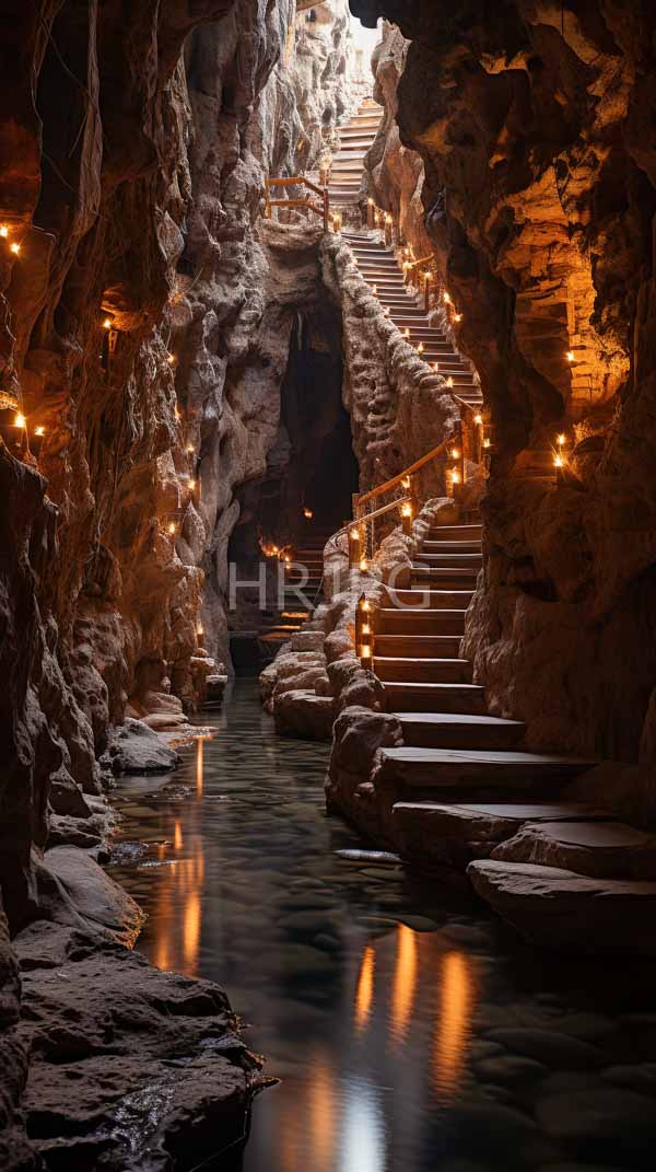 High Resolution: Dimly lit narrow cave rugged textured rock walls spiral staircase wooden railings ascends distance illuminated warm glowing lights download. | HRJPG.com