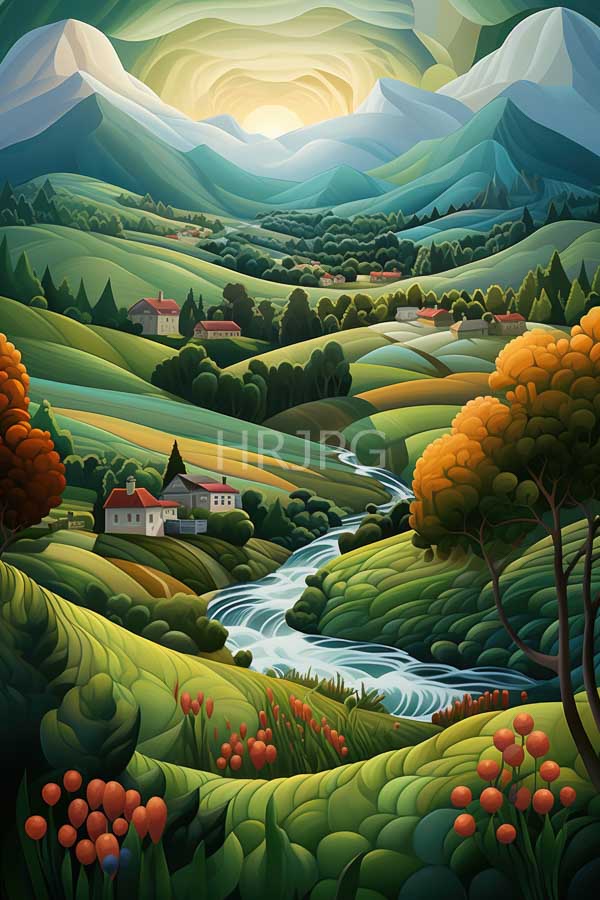 High Resolution: Vibrant rolling countryside winding river colorful hills sunlit mountain range foreground orange flowers tree autumn leaves download. | HRJPG.com