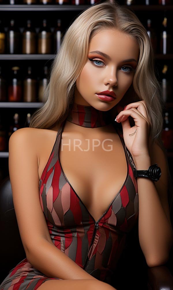 High Resolution: Blonde woman long wavy hair blue eyes fair skin wearing low-cut patterned dress red and brown geometric designs matching download. | HRJPG.com